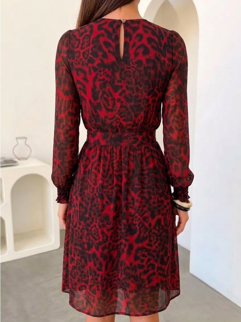 MICHAEL Michael Kors Red and Black Leopard-Print Long-Sleeve Dress - Picture 2 of 2